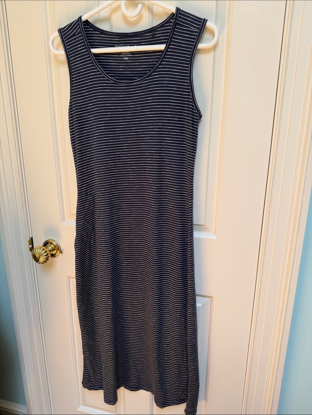 Toad&Co sz S Navy & White Striped Sleeveless Midi Dress Org. cotton side pkt